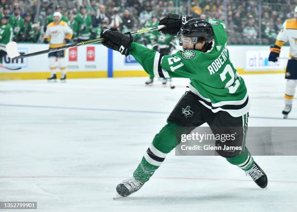 Jason Robertson of the Dallas Stars blasts a shot on goal against the Nashville Predators at the American Airlines Center on November 10, 2021 in...