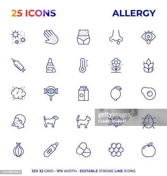 ilustraciones, imágenes clip art, dibujos animados e iconos de stock de alergia editable línea de la serie de iconos - prueba contra la alergia