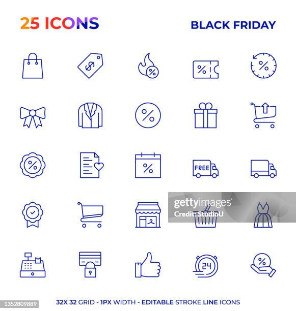 bildbanksillustrationer, clip art samt tecknat material och ikoner med black friday editable stroke line icon series - coupon