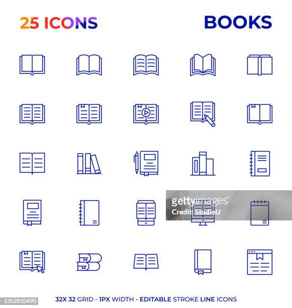 illustrazioni stock, clip art, cartoni animati e icone di tendenza di libri modificabile linea di tratti serie di icone - pila di mobili