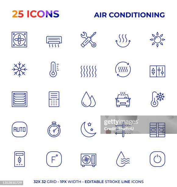 ilustrações, clipart, desenhos animados e ícones de série de ícones da linha de traçado editável de ar condicionado - temperature