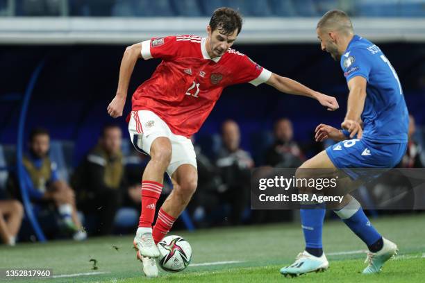 Aleksandr Erokhin of Russia National Team, Paris Psaltis of Cyprus National Team1 during the World Cup 2022 Qualifying match between Russia and...