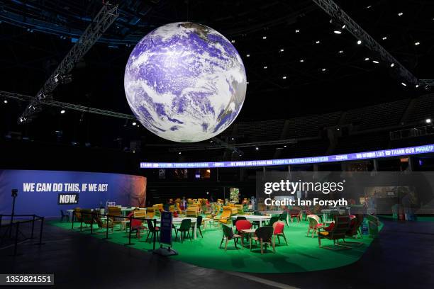 The Earth hangs over an empty Action Zone in the OVO Hydro building on day thirteen of the COP26 at SECC on November 12, 2021 in Glasgow, Scotland....