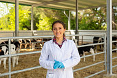 Portrait of female veterinarian who is standing at her workplace near cows at farm outdoors