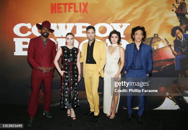 Mustafa Shakir, Elena Satine, Alex Hassell, Daniella Pineda, and John Cho attend Netflix's "Cowboy Bebop" Premiere at Goya Studios on November 11,...