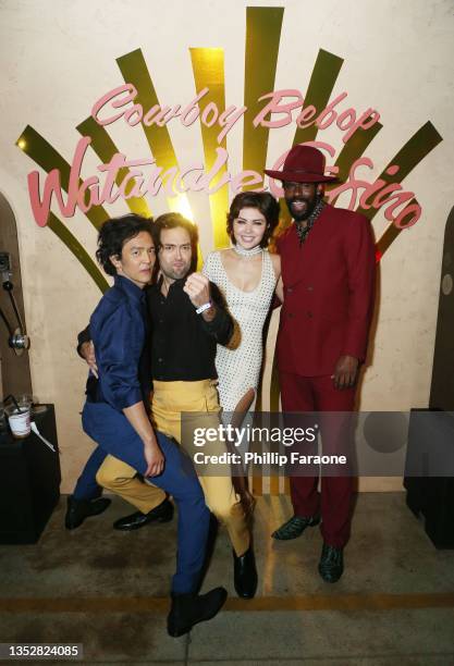 John Cho, Alex Hassell, Daniella Pineda and Mustafa Shakir attend Netflix's "Cowboy Bebop" Premiere at Goya Studios on November 11, 2021 in Los...