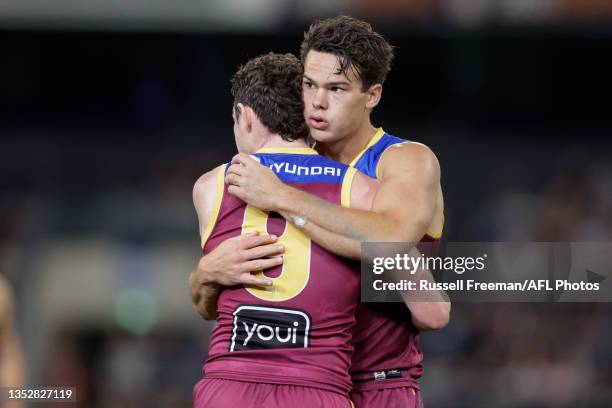 Lachie Neale and Cam Rayner of the Lions embrace after the 2023 AFL Round 16 match between the Brisbane Lions and the Richmond Tigers at The Gabba on...