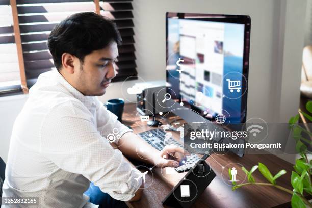 digital marketing. businessman using modern interface payments online shopping - digital transformation stock pictures, royalty-free photos & images