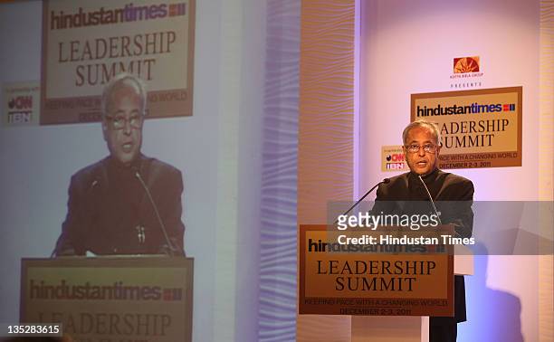 Union Finance Minister Pranab Mukherjee addressing the audience during the first day of the Hindustan Times Leadership Summit 2011 at The Taj Palace...