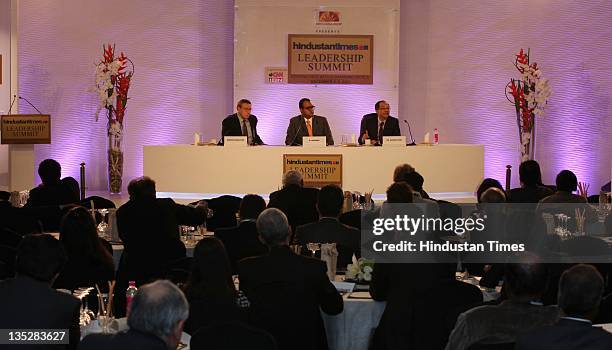 Dr. Kaushik Basu, Norman Pearlstine Chief content officer, Bloomberg L.P and R. Sukumar during the first day of the Hindustan Times Leadership Summit...