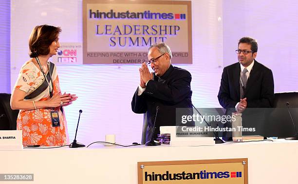 Pranab Mukherjee, Finance Minister with Shobhana Bhartia, Chairperson HT Media and Sanjoy Narayan, Editor-in-Chief Hindustan Times, during the first...