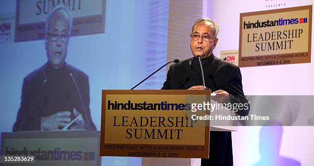 Union Finance Minister Pranab Mukherjee addressing the audience during the first day of the Hindustan Times Leadership Summit 2011 at The Taj Palace...