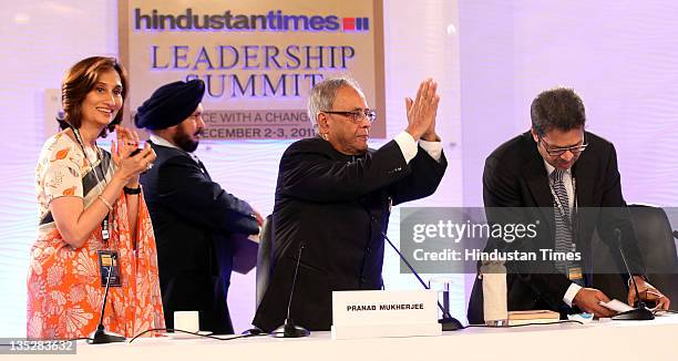 Pranab Mukherjee, Finance Minister with Shobhana Bhartia, Chairperson HT Media, and Sanjoy Narayan, Editor-in-Chief Hindustan Times, during the first...
