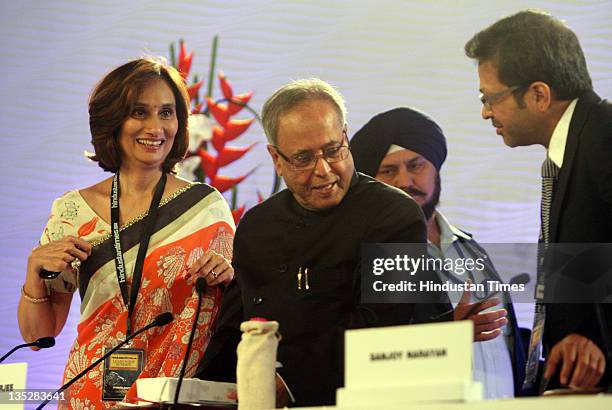 Union Finance Minister Pranab Mukherjee and Chairperson of HT Media, Shobhana Bhartia, during the first day of the Hindustan Times Leadership Summit...