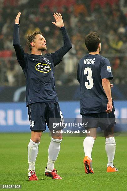 Dave Mulligan of Auckland City reacts after taking a free kick against Kashiwa Reysol during the FIFA Club World Cup 2011 match between Kashiwa...