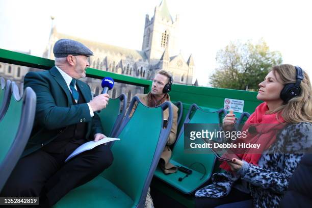 Ronan Keating and Harriet Scott host Magic Breakfast from a Do Dublin Green Bus on November 12, 2021 in Dublin, Ireland.