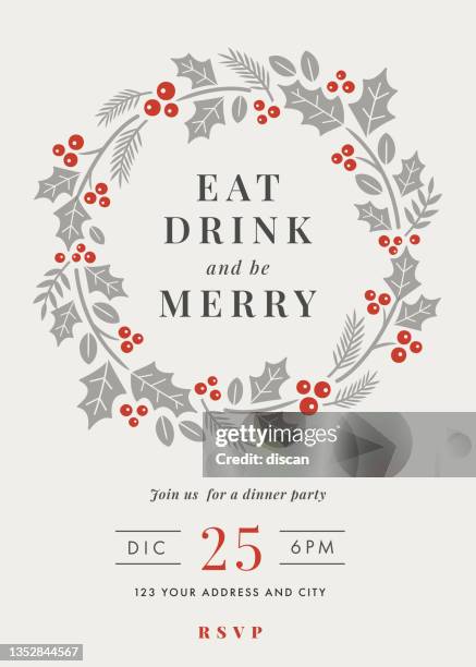 illustrations, cliparts, dessins animés et icônes de invitation à la fête de noël avec cadre de couronne. - repas entre amis