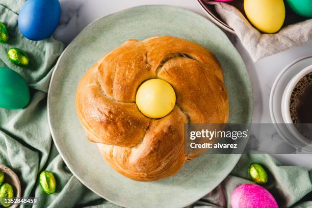 easter bread with egg decoration - easter breakfast stock pictures, royalty-free photos & images