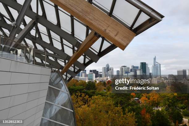 View of the business district of La Defense from the building of the Louis Vuitton Foundation is an art museum and cultural center sponsored by the...