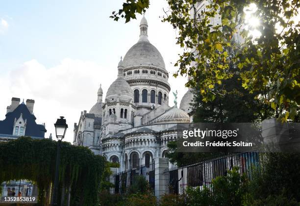 The Basilica of the Sacred Heart of Paris, located at the summit of the butte Montmartre in Paris on November 10, 2021 in Paris, France.