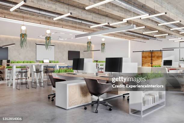 modern open plan office space interior - office desk no people stock pictures, royalty-free photos & images