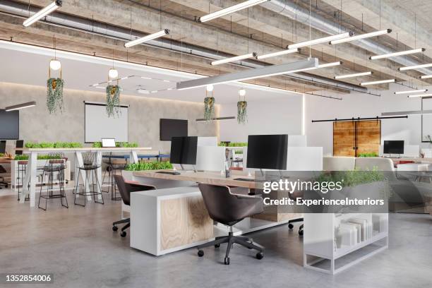 interior moderno do escritório de escritório de plano aberto - pendant light - fotografias e filmes do acervo