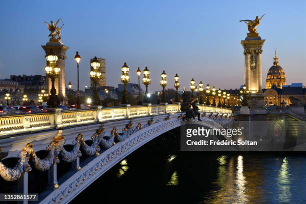 The bridge Alexandre III and the Invalides in the center of Paris on November 10, 2021 in Paris, France.