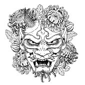 Hannya mask with chrysanthemum flowers hand drawn vector illustration. Traditional japanese demon. Tattoo print. Hand drawn illustration for t-shirt print, fabric and other uses.