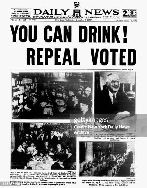 Daily News front page December 6 Headline: YOU CAN DRINK! REPEAL VOTED - Crowd pours into wine store of H.T. Dewey & Sons to purchase their first...