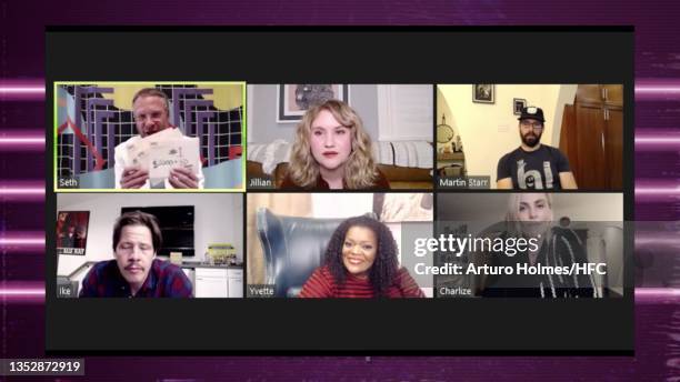 In this screengrab Seth Rogen, Yvette Nicole Brown, Jillian Bell, Charlize Theron, Martin Starr and Ike Barinholtz speak during Seth Rogen Hosts HFC...