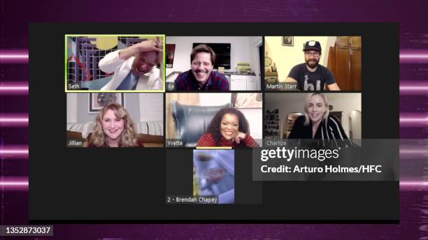 In this screengrab Seth Rogen, Martin Star, Ike Barinholtz, Jillian Bell, Charlize Theron, and Yvette Nicole Brown speak during Seth Rogen Hosts HFC...
