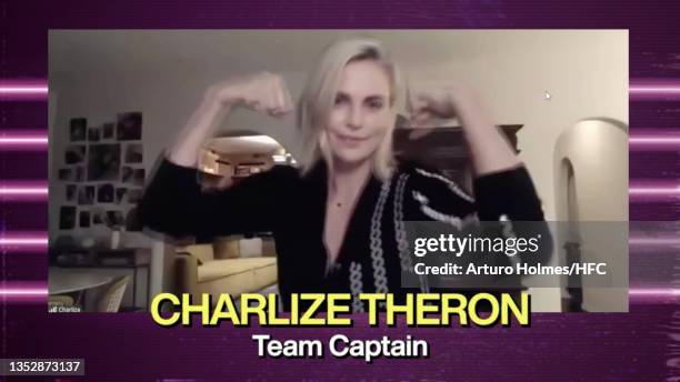 In this screengrab Charlize Theron speaks during Seth Rogen Hosts HFC Head To Head Virtual Game Show Fundraiser With Celebrity Guests on November 10,...