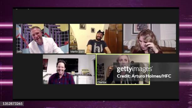 In this screengrab Seth Rogen, Martin Star, Ike Barinholtz, Jillian Bell, and Charlize Theron speak during Seth Rogen Hosts HFC Head To Head Virtual...
