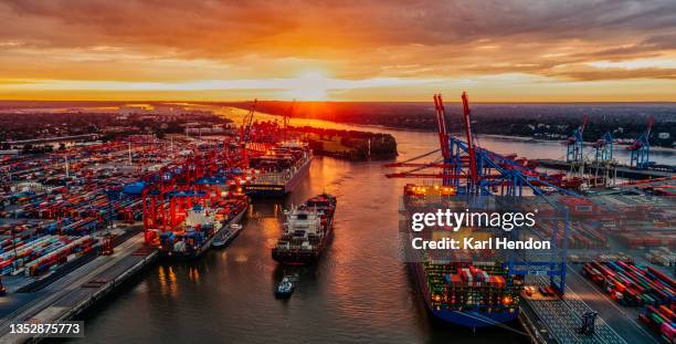 an aerial view of container ships in hamburg dock - stock photo - shipyard stock-fotos und bilder