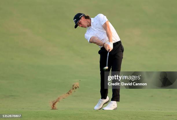 Kristoffer Broberg of Sweden plays his second shot on the 18th hole during Day Two of The AVIV Dubai Championship on the Fire Course, Jumeirah Golf...