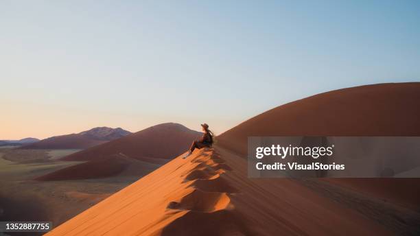 voyageuse contemplant le lever du soleil pittoresque au-dessus des dunes du désert du namib - namibie photos et images de collection