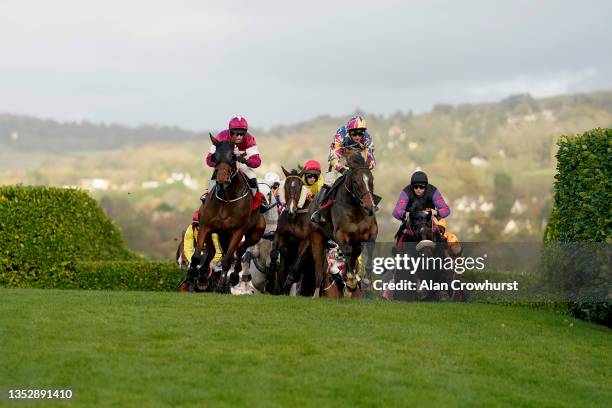 Sean Bowen riding Back On The Lash on their way to winning The Glenfarclas Cross Country Handicap Chase at Cheltenham Racecourse on November 12, 2021...