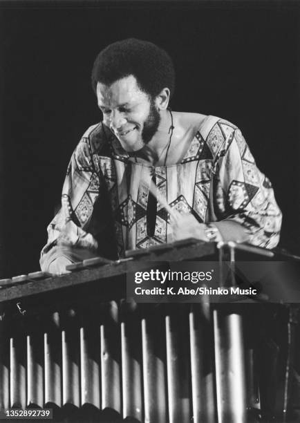 Roy Ayers plays vibraphone smiling at Sankei, At Sankei Hall, Tokyo, Japan, 12 June 1971.