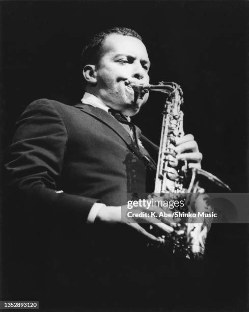 Jackie McLean plays alto saxophone in Black, Shinjuku, Tokyo, Japan, 12 November 1964.