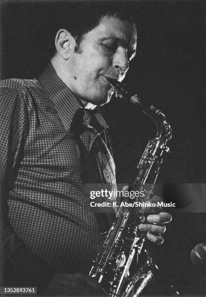 Art Pepper plays alto saxophone in Checkered Shirt, venue unknown, circa 1970s.