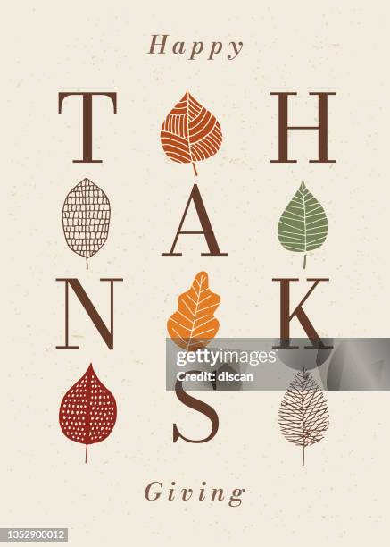 happy thanksgiving karte mit herbstlaub. - happy thanksgiving text stock-grafiken, -clipart, -cartoons und -symbole
