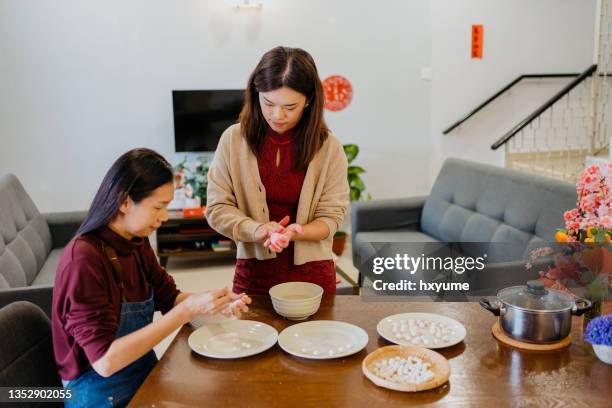 two asian chinese woman making glutinous rice ball tang yuan for chinese new year reunion dinner - winter solstice 個照片及圖片檔