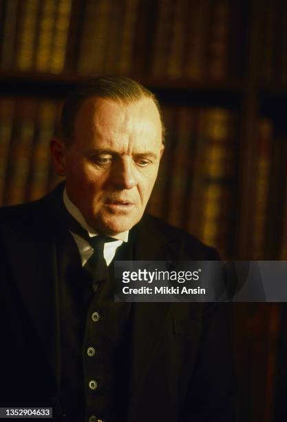 Portrait of Welsh actor Sir Anthony Hopkins during the filming of 'The Remains of the Day' , in the library at Corsham Court, Corsham, Wiltshire,...
