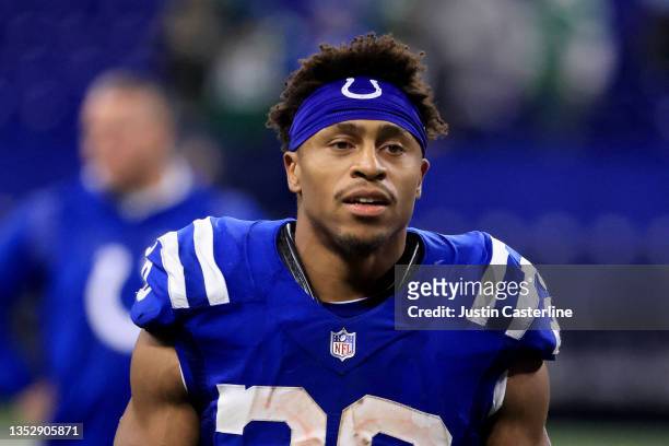 Jonathan Taylor of the Indianapolis Colts walks off the field after the game against New York Jets at Lucas Oil Stadium on November 04, 2021 in...