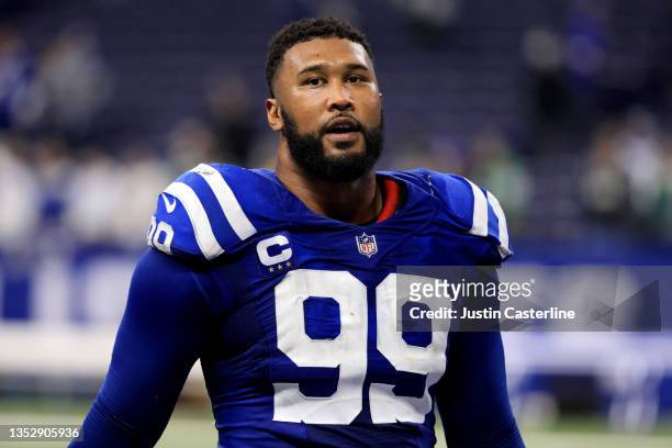 DeForest Buckner of the Indianapolis Colts walks off the field after a the game against the New York Jets at Lucas Oil Stadium on November 04, 2021...