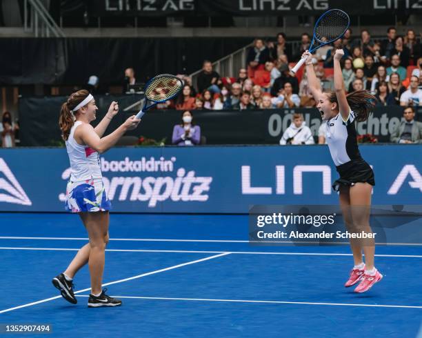 Natela Dzalamidze of Russia and Kamilla Rakhimova of Russia celebrate the victory during the WTA Upper Austria Ladies Linz doubles-finals on November...