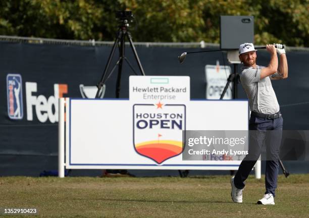 Tyler McCumber plays his shot from the 13th tee during the second round of the Houston Open at Memorial Park Golf Course on November 12, 2021 in...