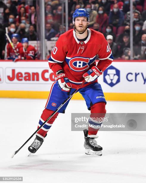 Joel Armia of the Montreal Canadiens skates against the Calgary Flames during the third period at Centre Bell on November 11, 2021 in Montreal,...