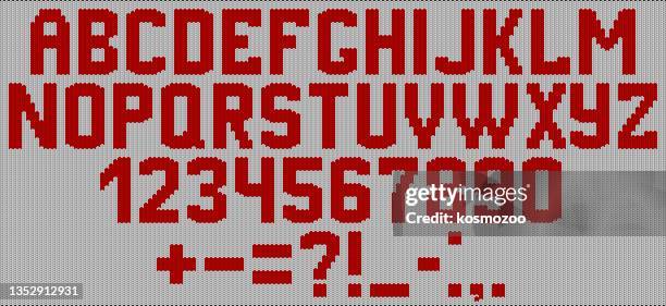 stockillustraties, clipart, cartoons en iconen met alphabet knitted on a white background with red yarn - zoom out