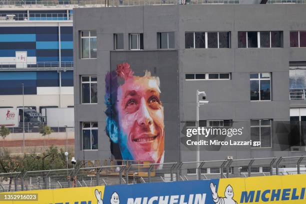 The murals with Valentino Rossi face under construction in paddock during the MotoGP of Comunitat Valenciana: Previews at Ricardo Tormo Circuit on...